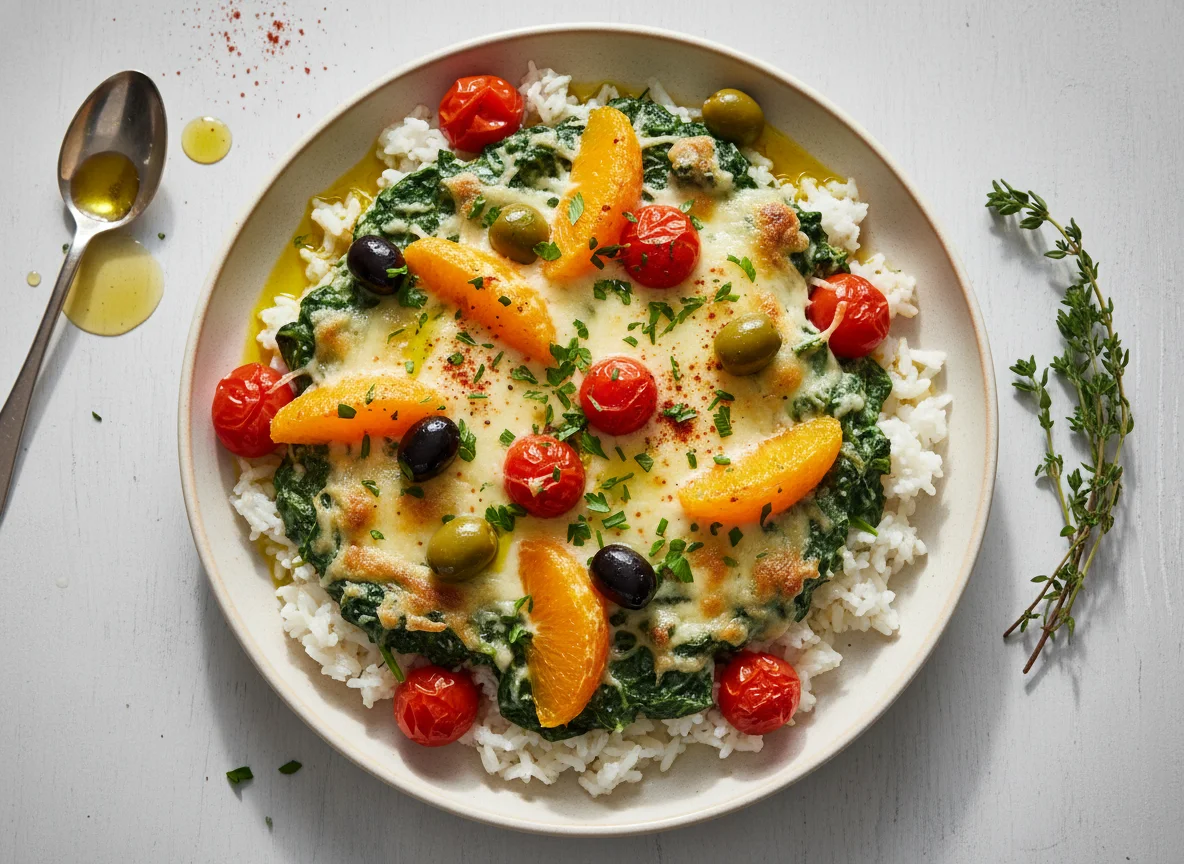 Gratinierter Spinat mit Tomaten und Orangen photo