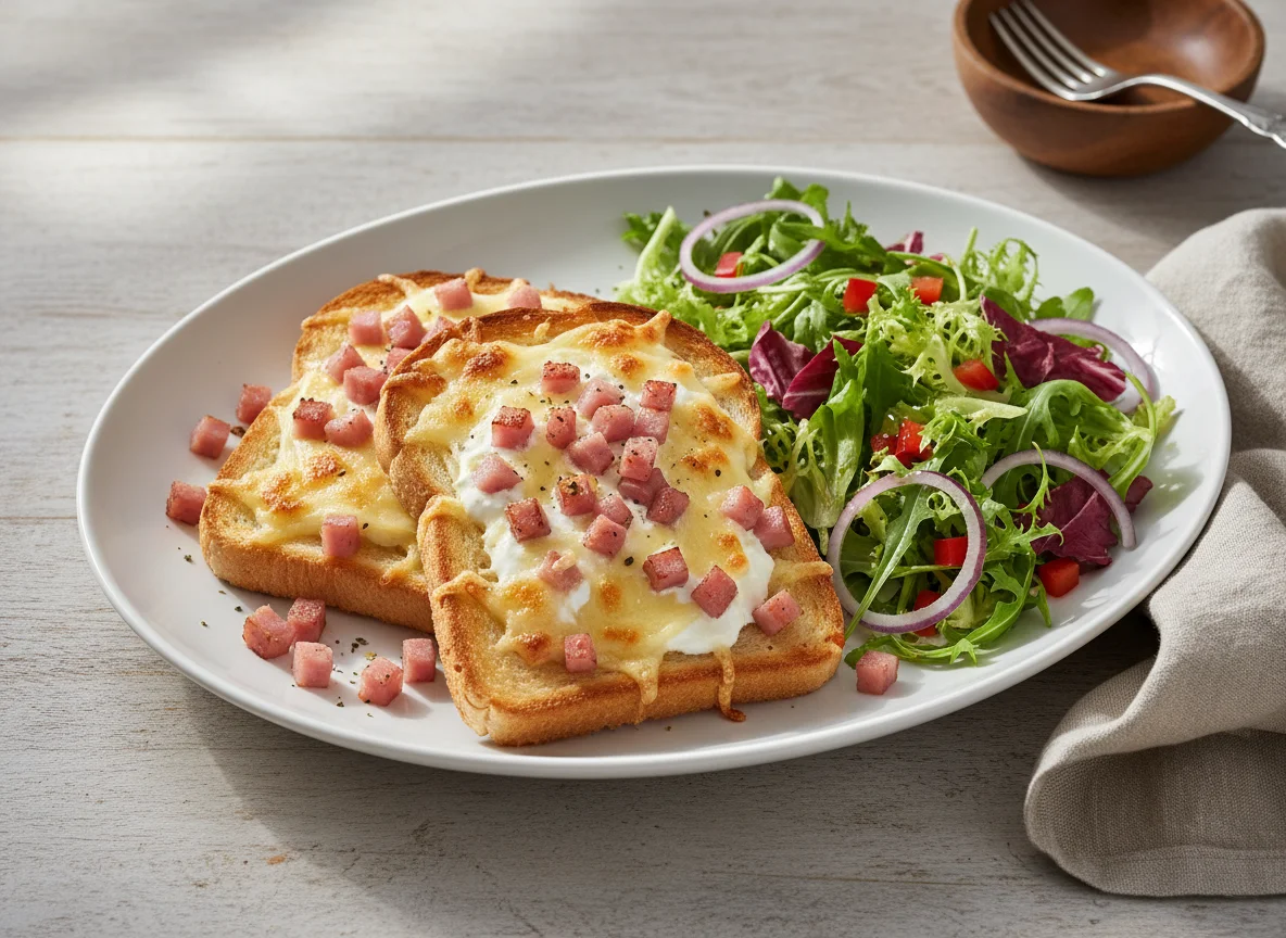 Gratinierter Toast mit Schinken und Salat photo