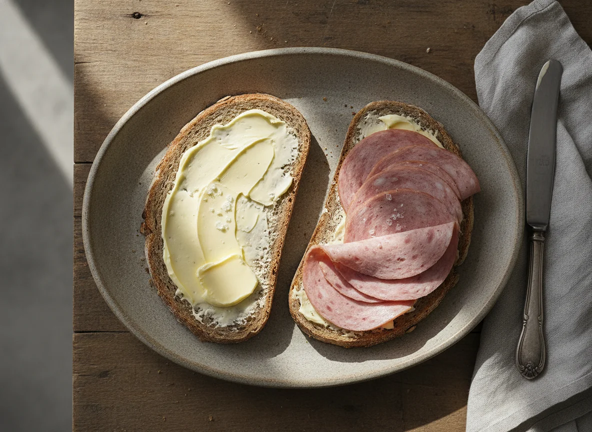Graubrot mit Butter und Fleischwurst photo