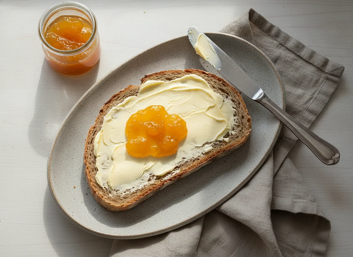 Graubrot mit Butter und Marmelade photo