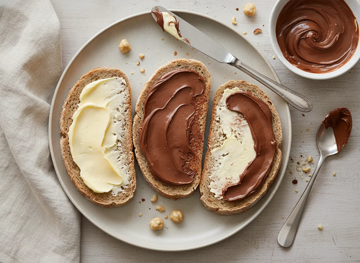 Graubrot mit Butter und Nuss-Nougat-Creme photo