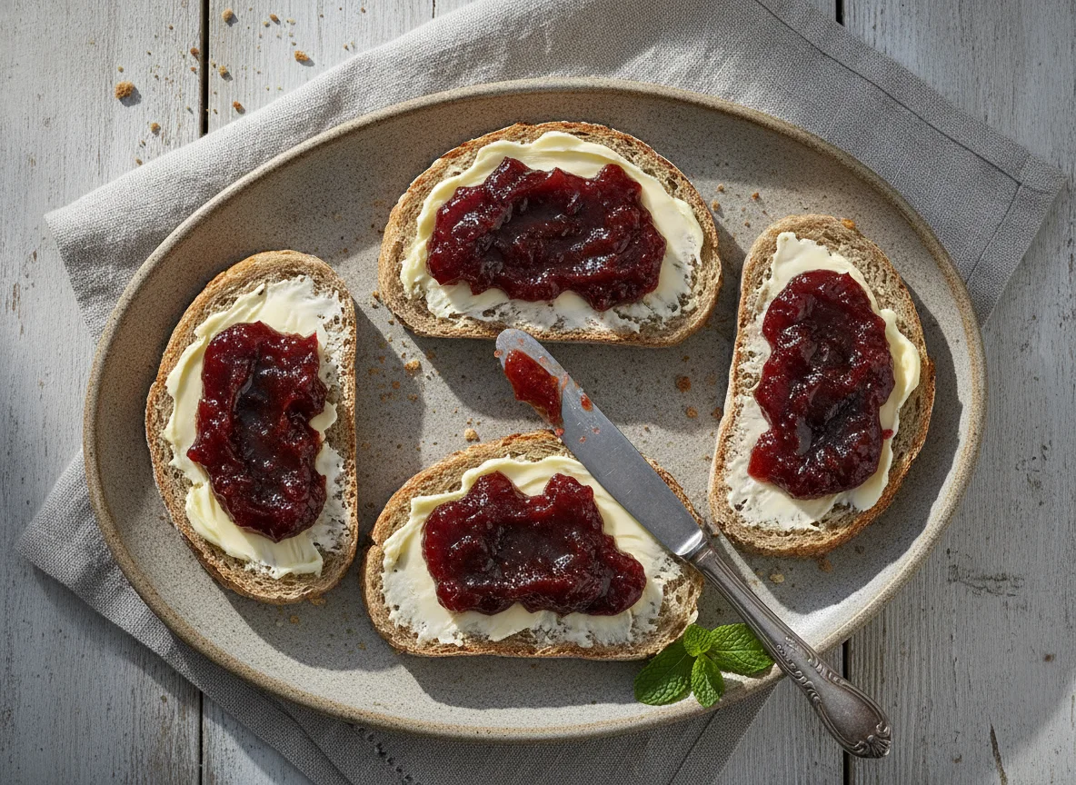 Graubrot mit Butter und Pflaumenmus photo
