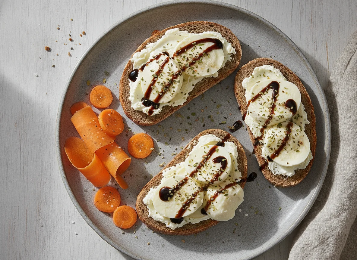 Graubrot mit Frischkäse und Mozzarella, dazu Karotten photo
