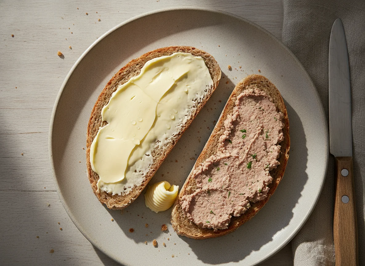 Graubrot mit Leberwurst und Butter photo