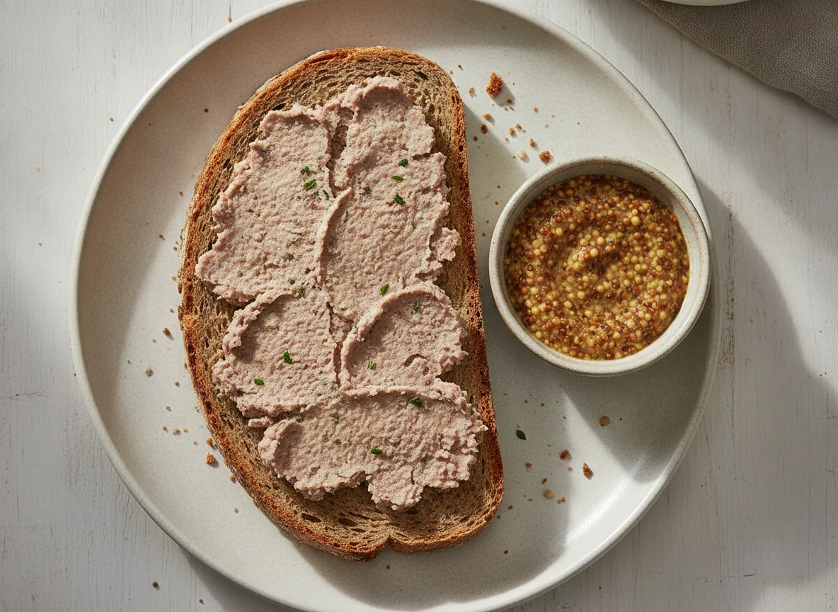 Graubrot mit Leberwurst und Senf photo
