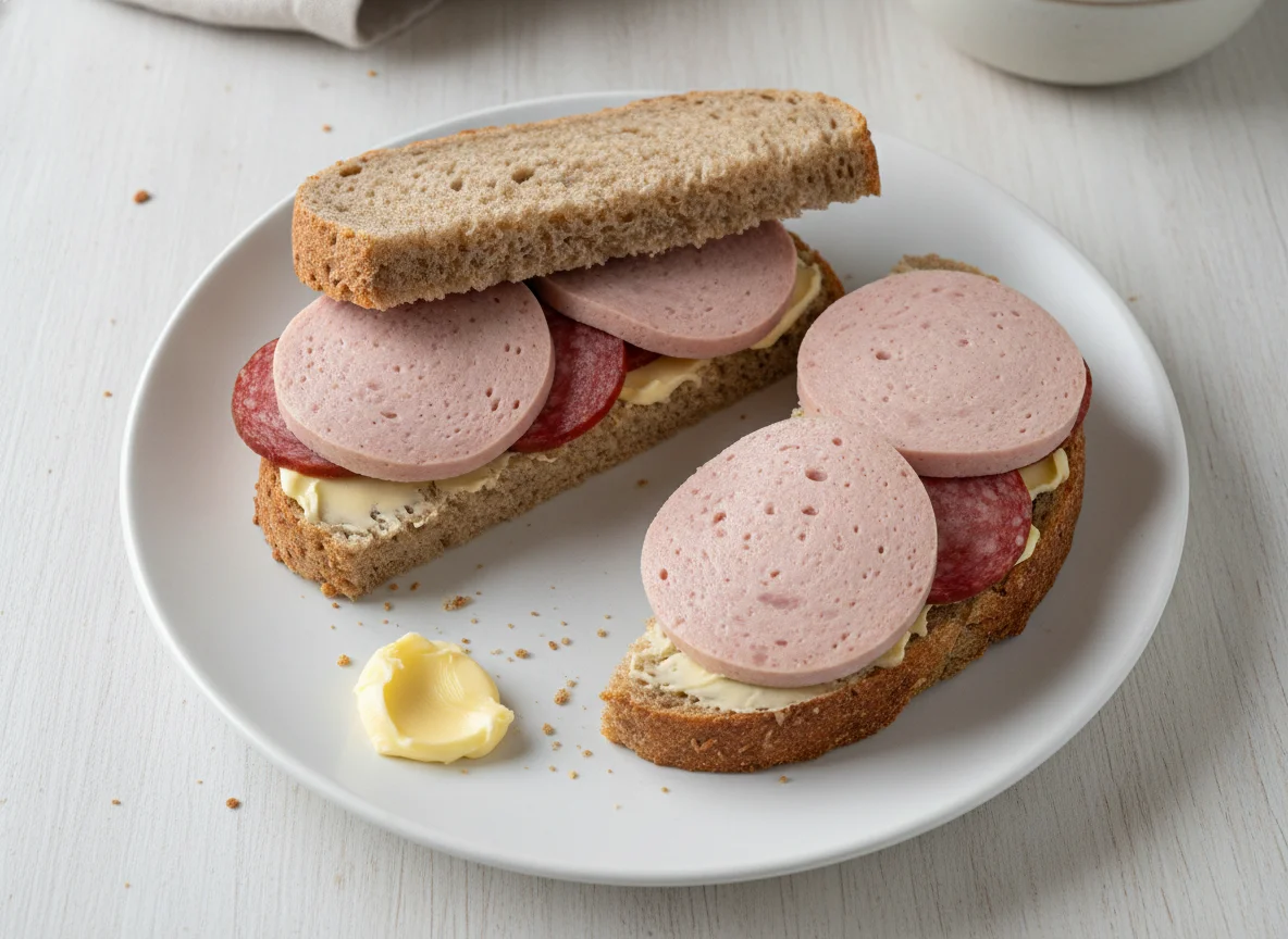 Graubrot-Sandwich mit Wurst photo