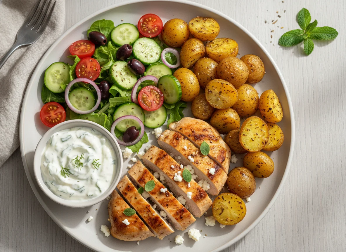 Griechisch inspiriertes Hähnchen mit Kartoffeln, Salat und Tzatziki photo