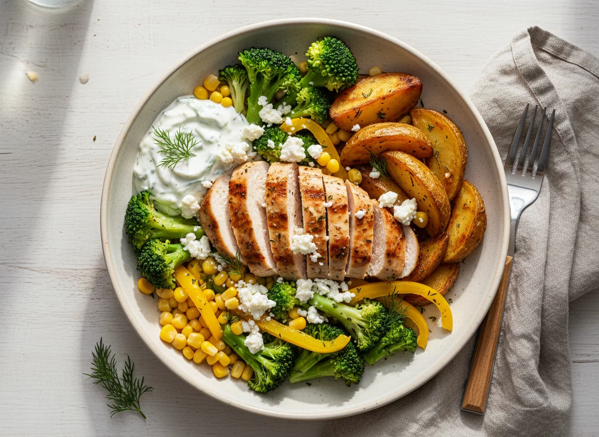 Griechische Bowl mit Hähnchen und Feta photo
