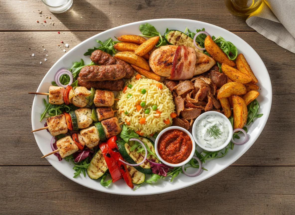 Griechische Grillplatte mit Reis und Beilagen photo