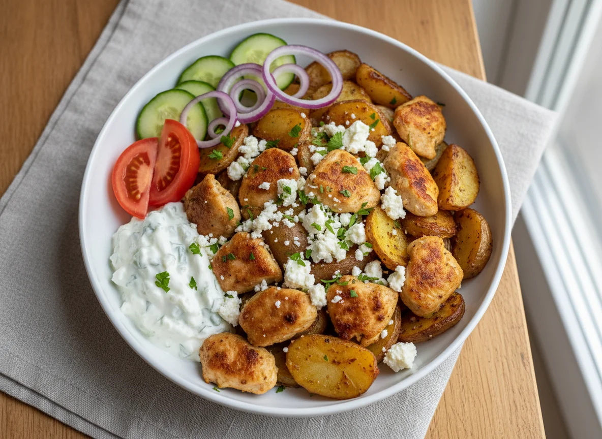 Griechische Hähnchen-Gyros-Schale mit Kartoffeln und Tzatziki photo