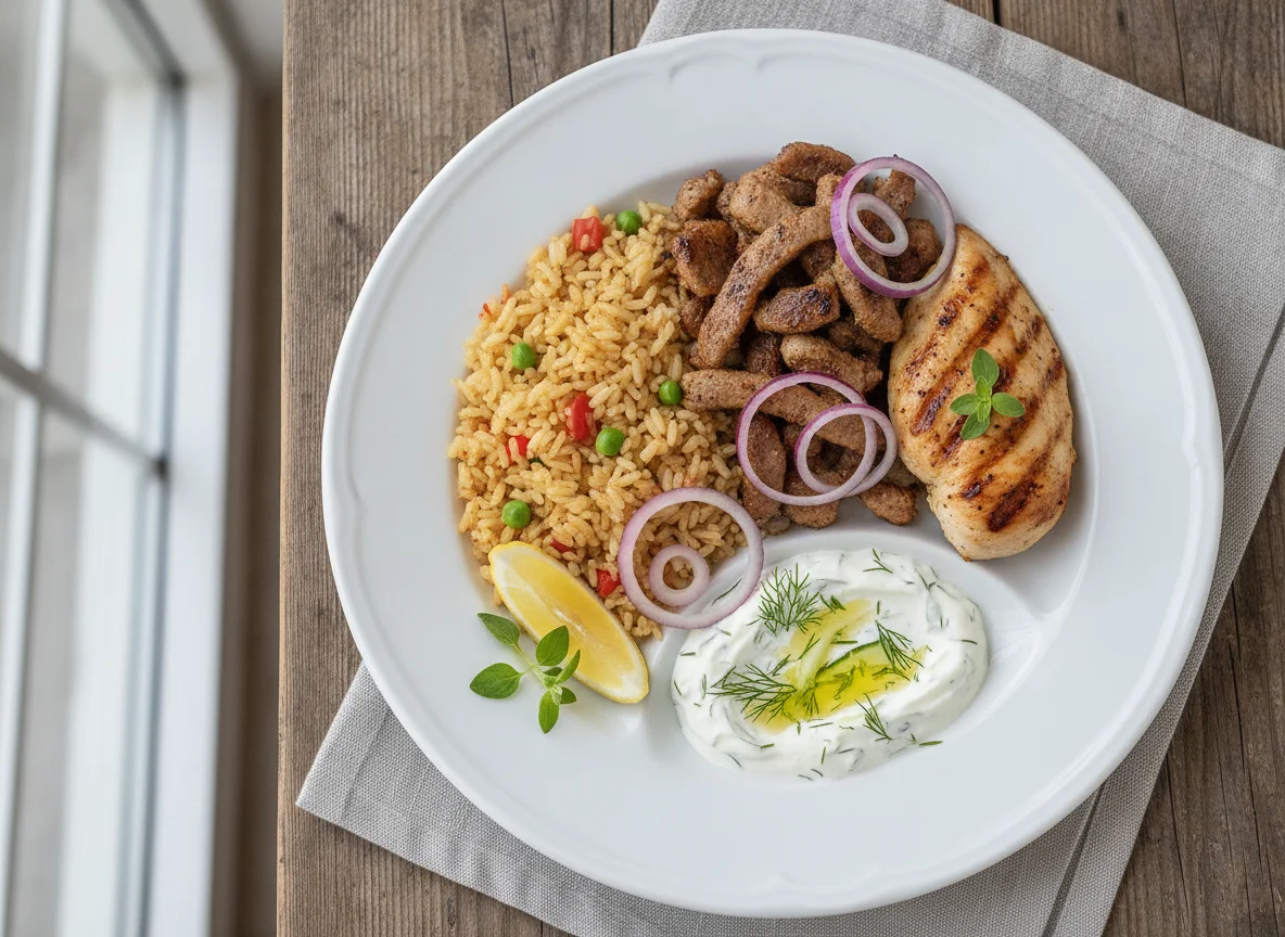 Griechischer Grillteller mit Djuvec-Reis und Tzatziki photo