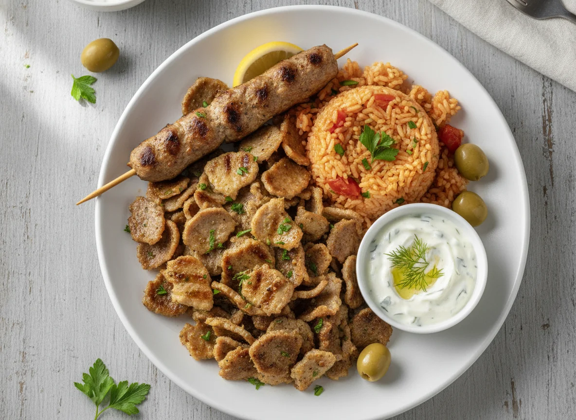 Griechischer Grillteller mit Gyros, Souvlaki und Tomatenreis photo