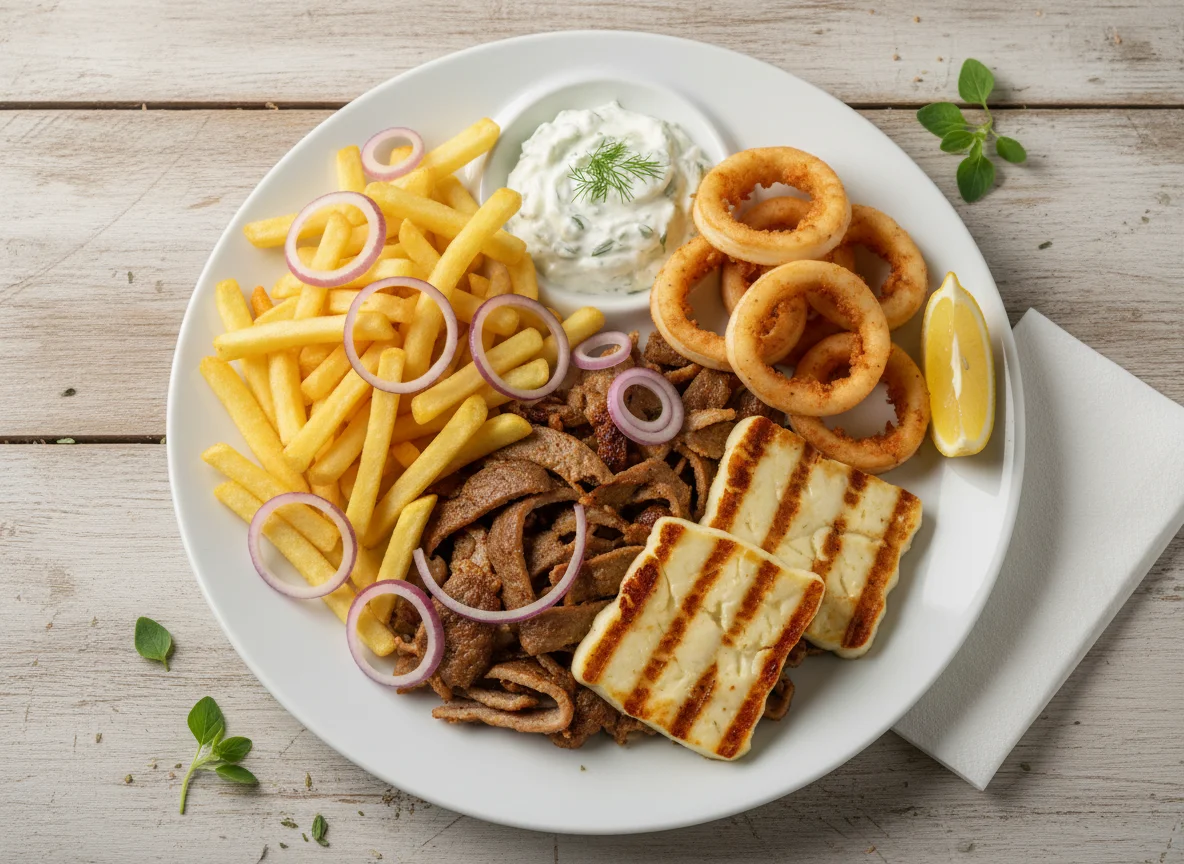 Griechischer Grillteller mit Pommes und Calamari photo