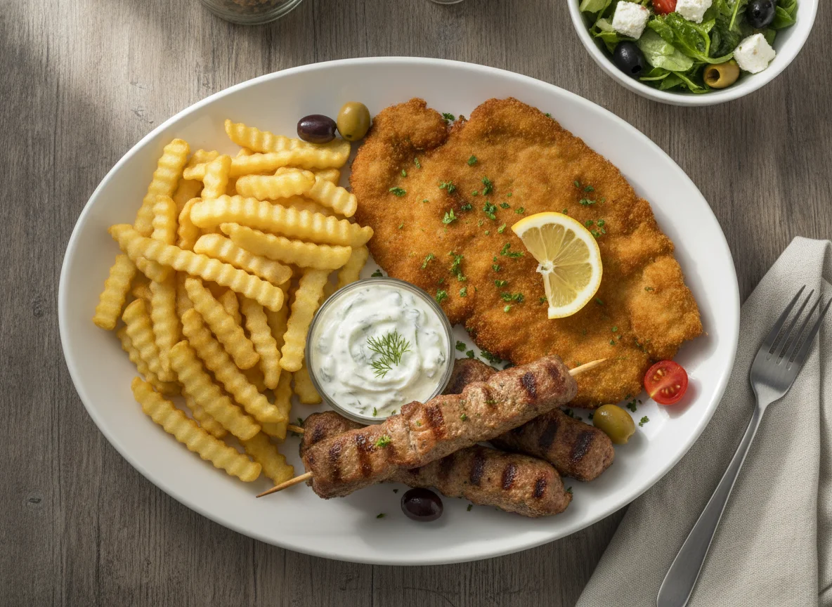 Griechischer Grillteller mit Pommes und Schnitzel photo