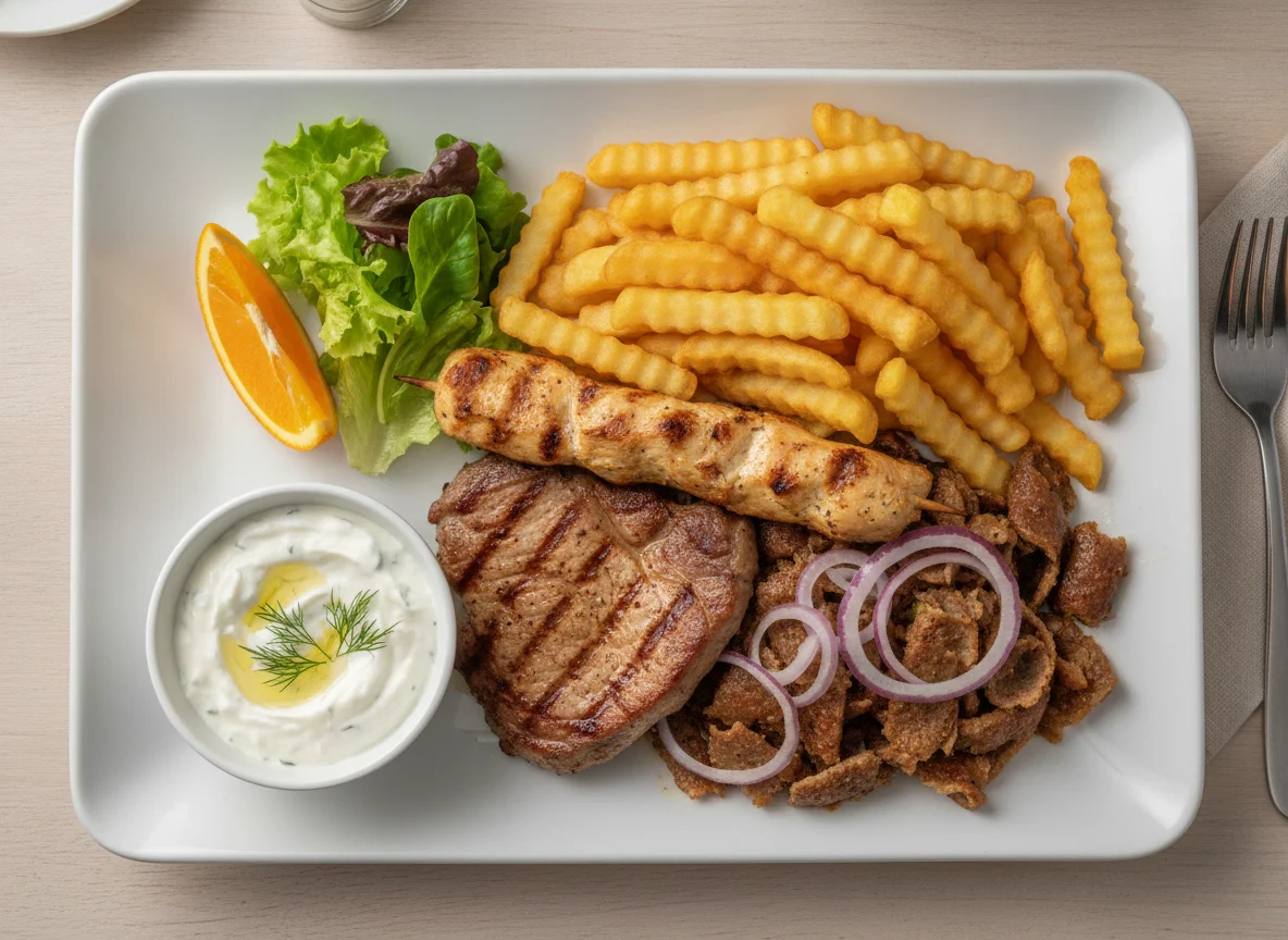Griechischer Grillteller mit Pommes und Tzatziki photo