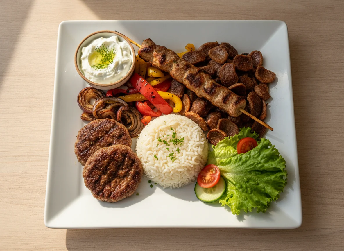 Griechischer Grillteller mit Reis photo