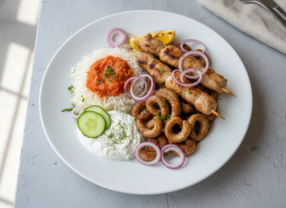 Griechischer Grillteller mit Reis und Tzatziki photo