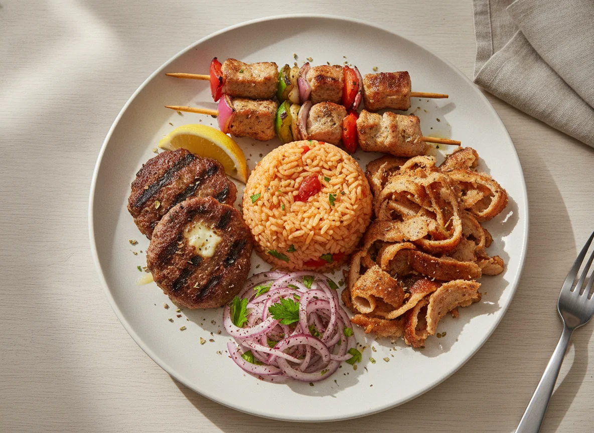 Griechischer Grillteller mit Tomatenreis photo