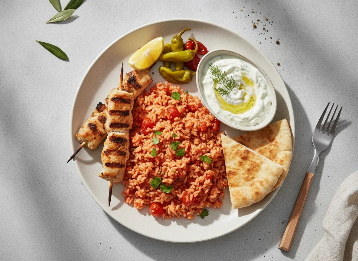 Griechischer Grillteller mit Tomatenreis und Tzatziki photo