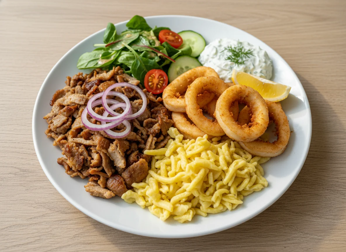 Griechischer Gyros-Teller mit Calamari und Nudeln photo