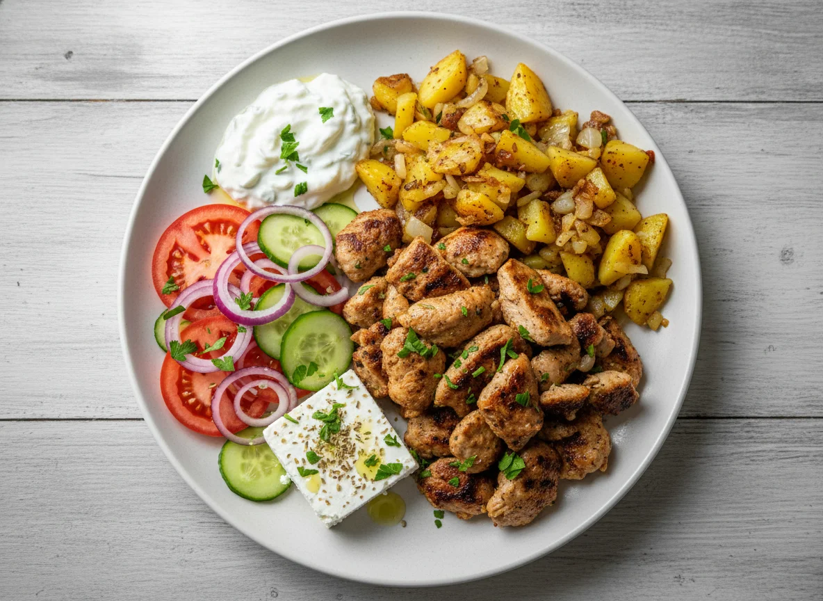 Griechischer Gyros-Teller mit Kartoffeln und Salat photo