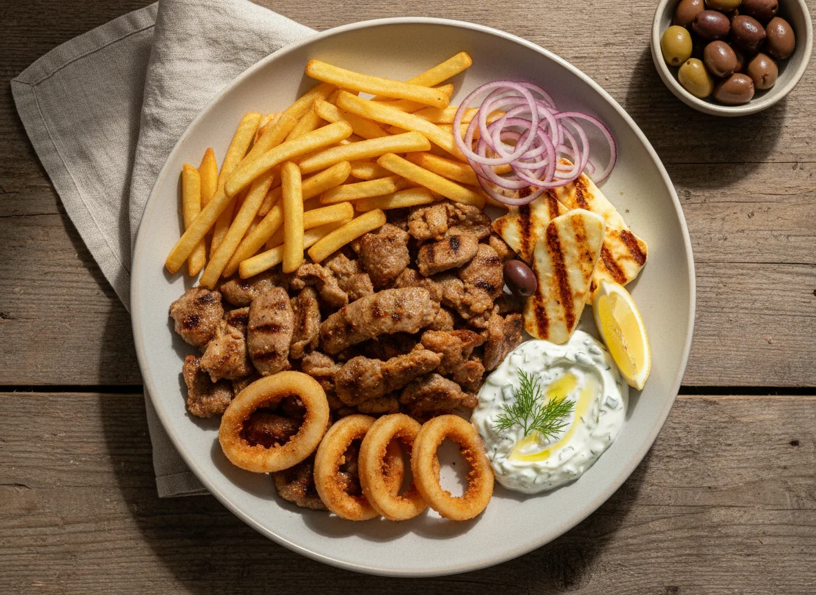 Griechischer Gyros-Teller mit Pommes und Calamari photo