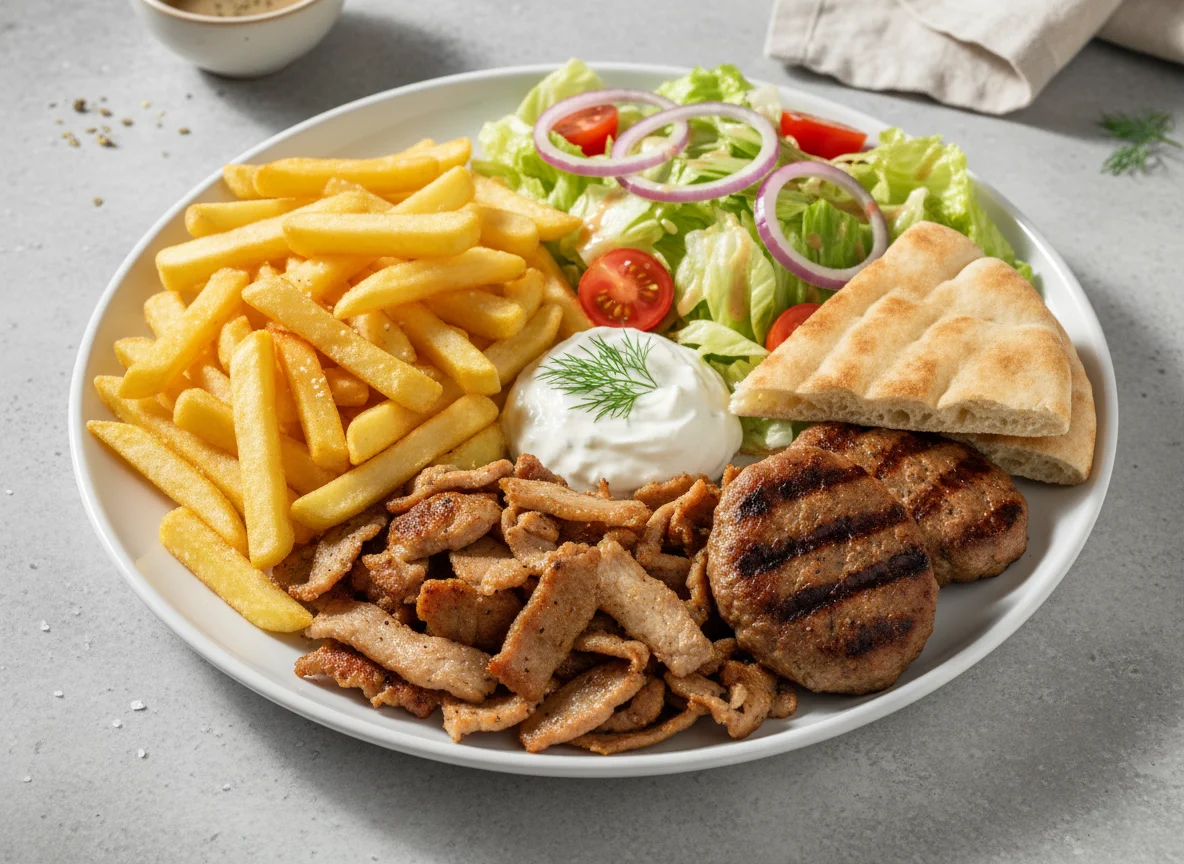 Griechischer Gyros-Teller mit Pommes und Salat photo