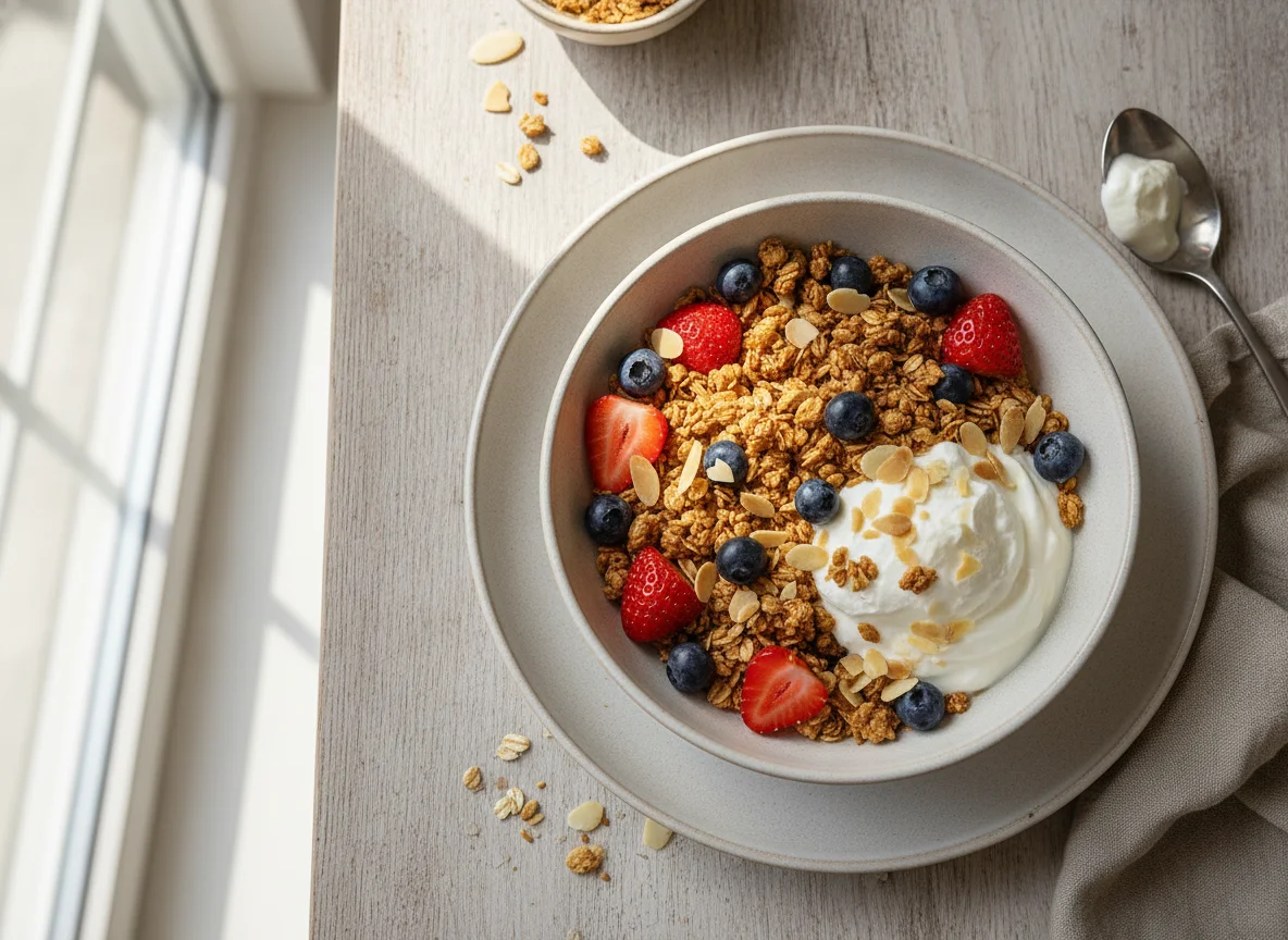 Griechischer Joghurt mit Beeren und Müsli photo