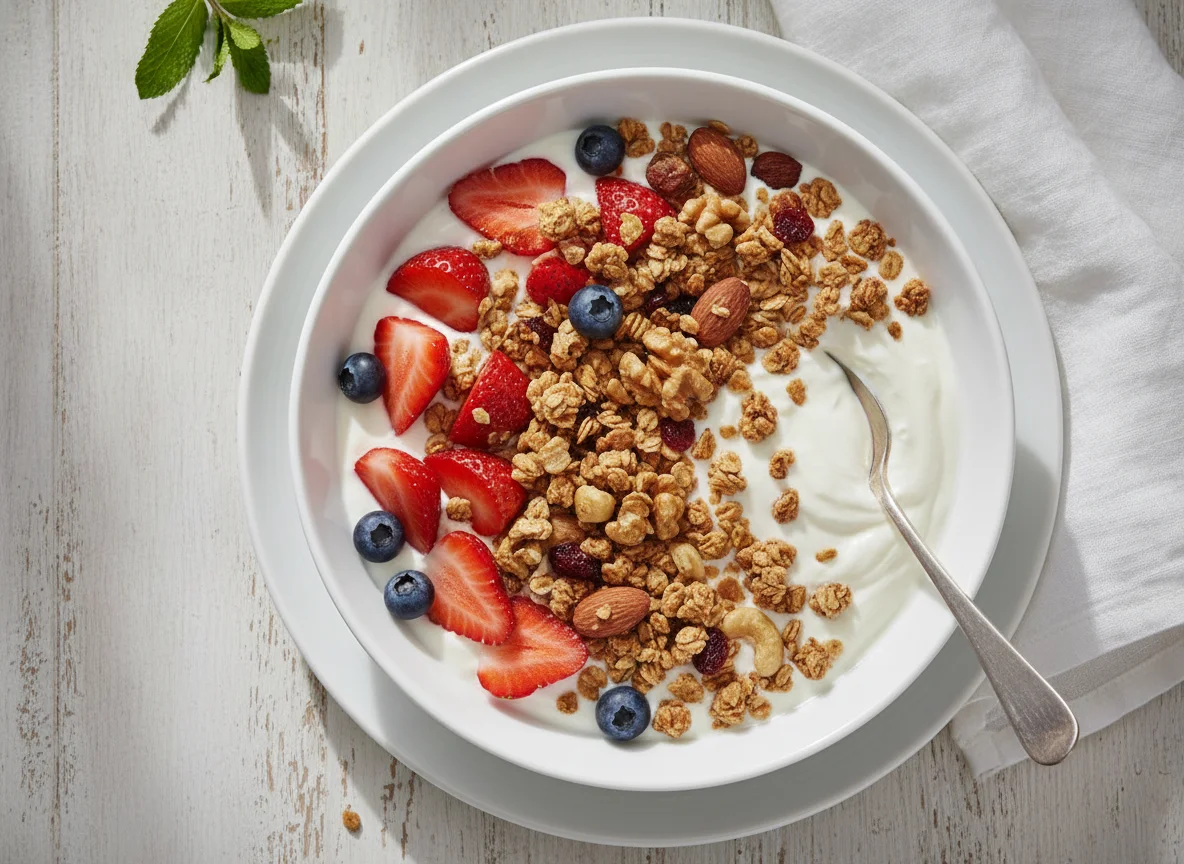 Griechischer Joghurt mit Erdbeeren und Müsli photo
