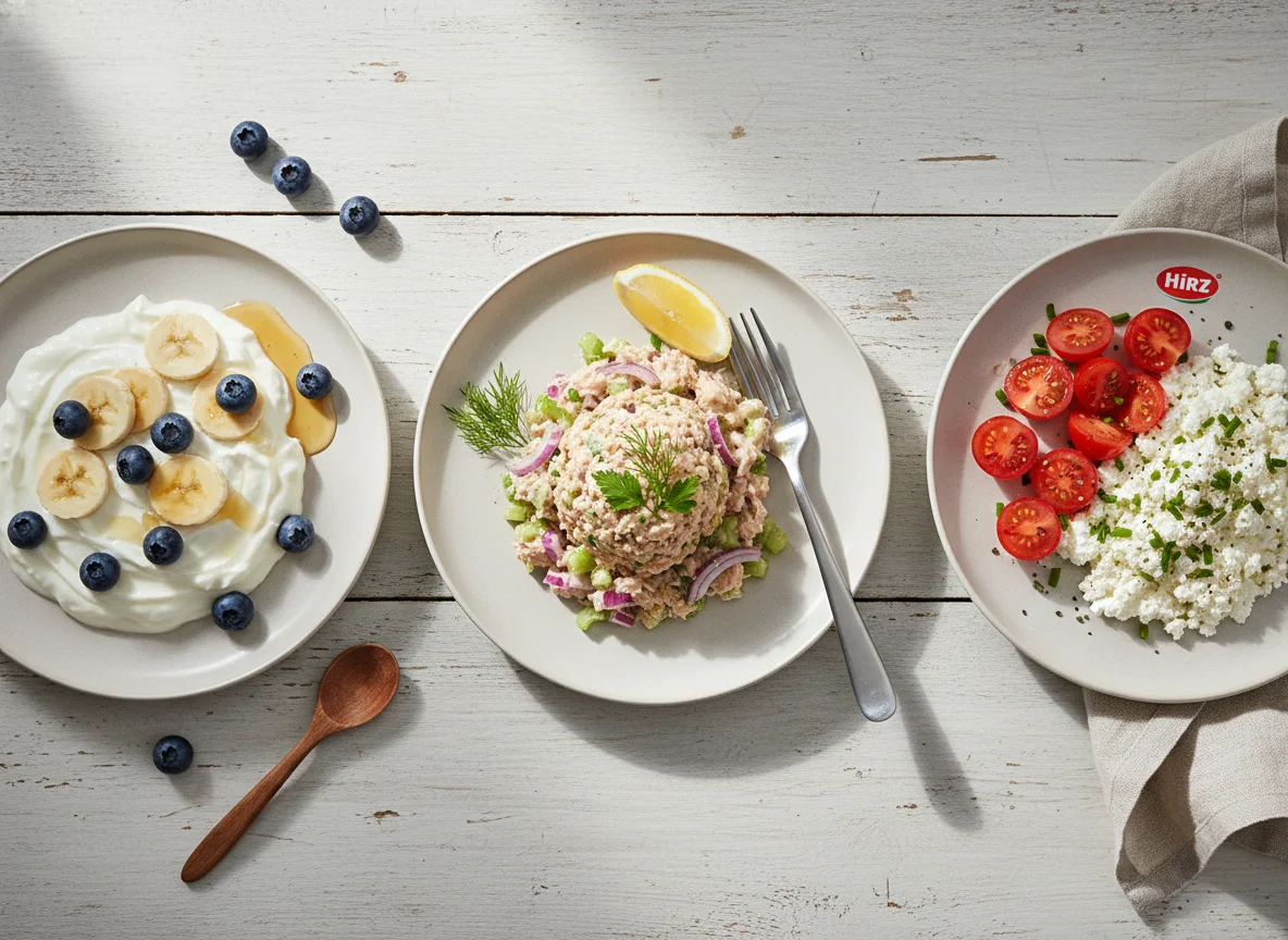 Griechischer Joghurt mit Früchten, Thunfischsalat, Hüttenkäse und Tomaten photo