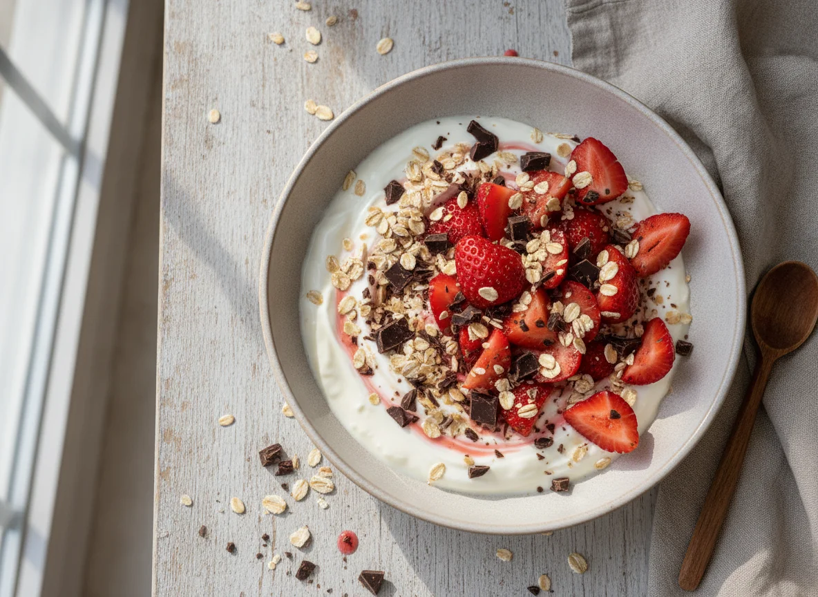 Griechischer Joghurt mit Haferflocken und Erdbeeren photo