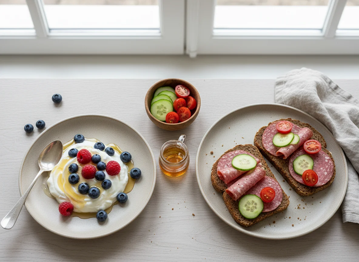 Griechischer Joghurt mit Honig und Beeren, Brot mit Wurst und Gemüse photo