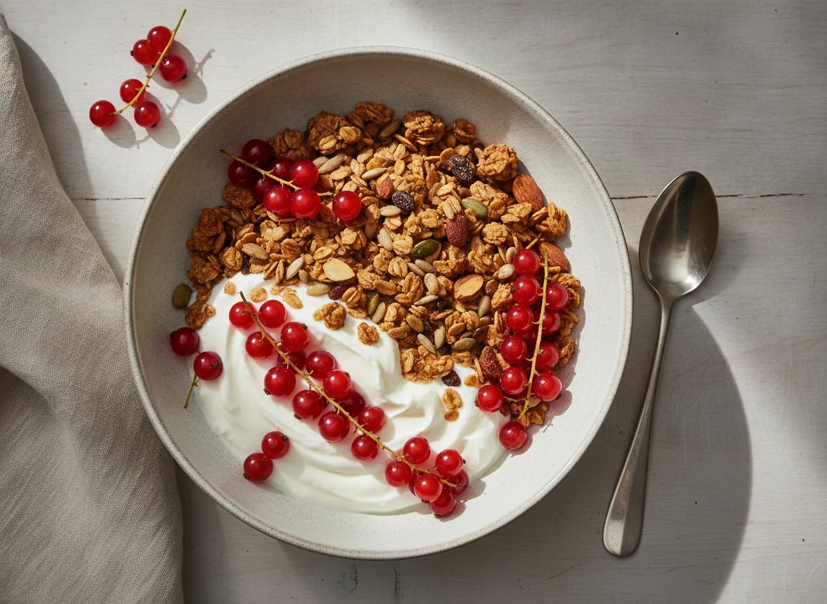 Griechischer Joghurt mit Müsli und Beeren photo