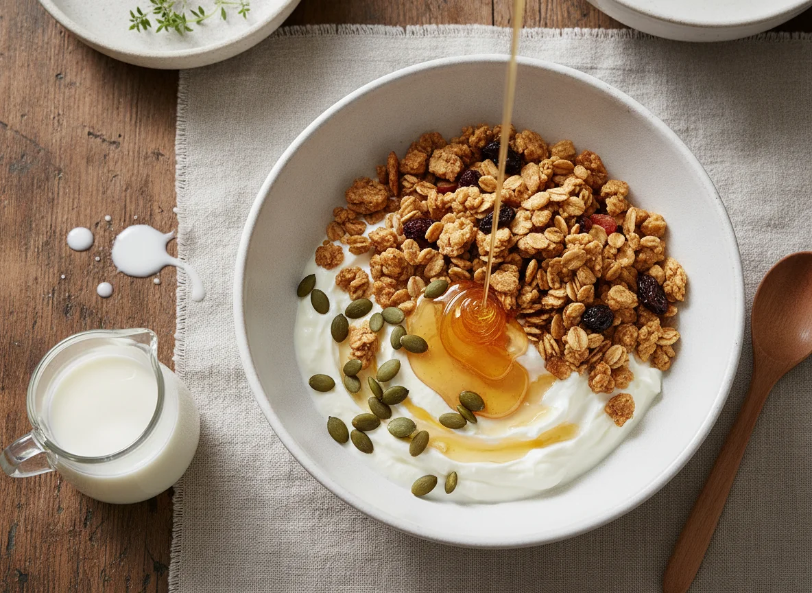 Griechischer Joghurt mit Müsli und Honig photo