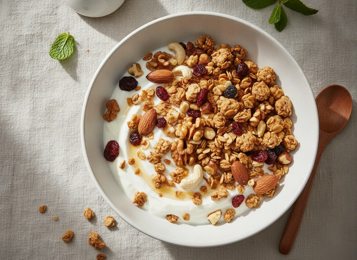 Griechischer Joghurt mit Müsli und Nüssen photo