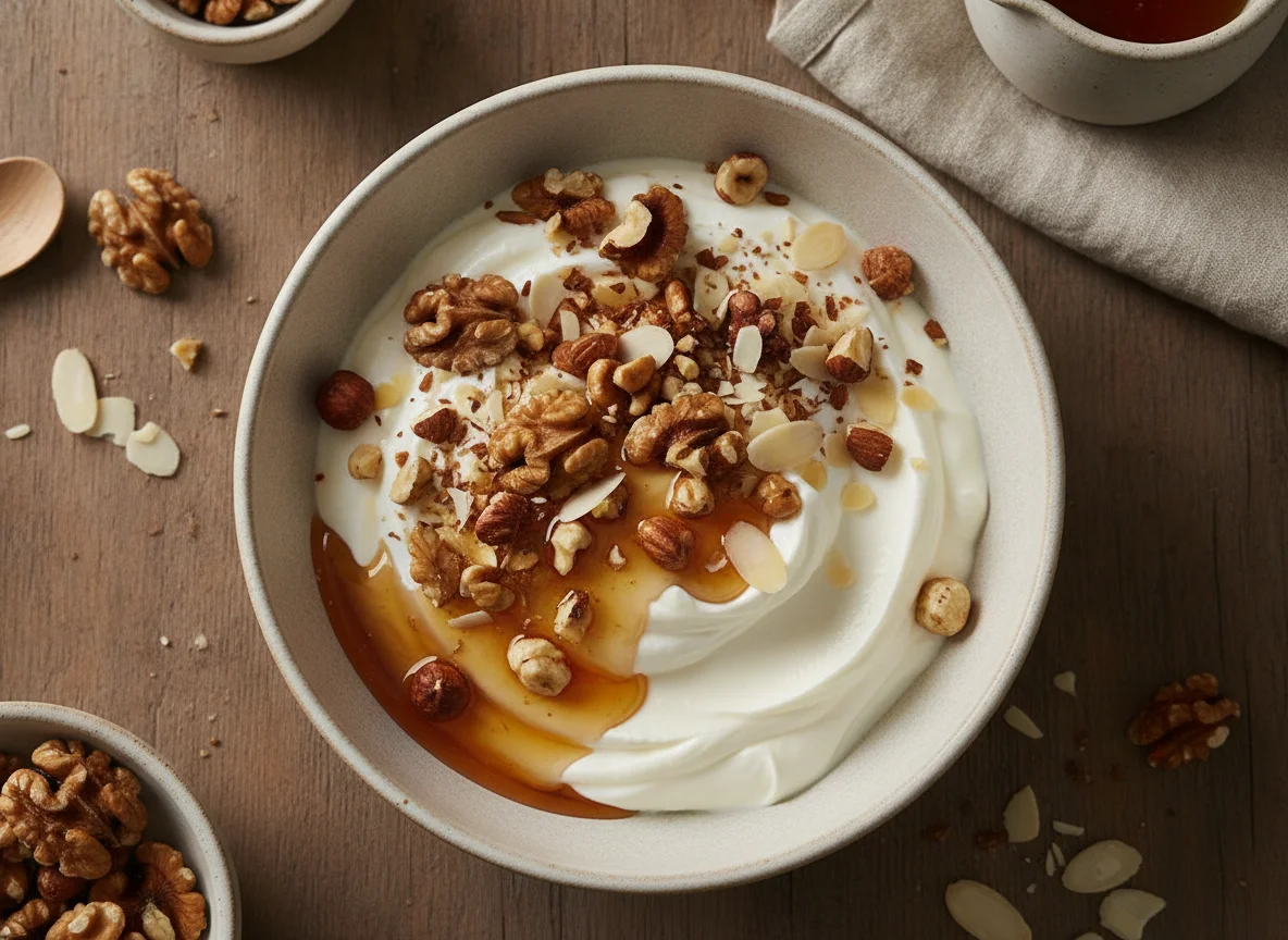 Griechischer Joghurt mit Nüssen und Honig photo