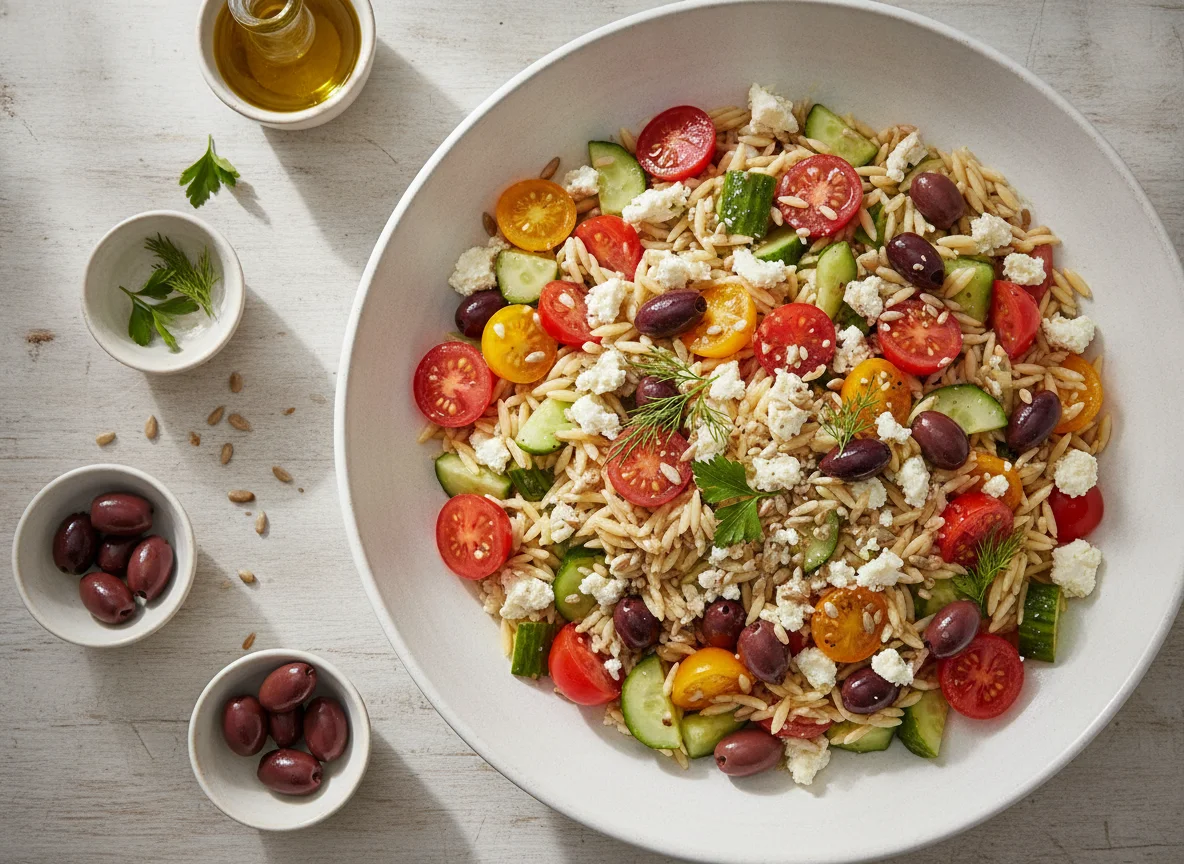 Griechischer Orzo-Salat mit Hirtenkäse photo
