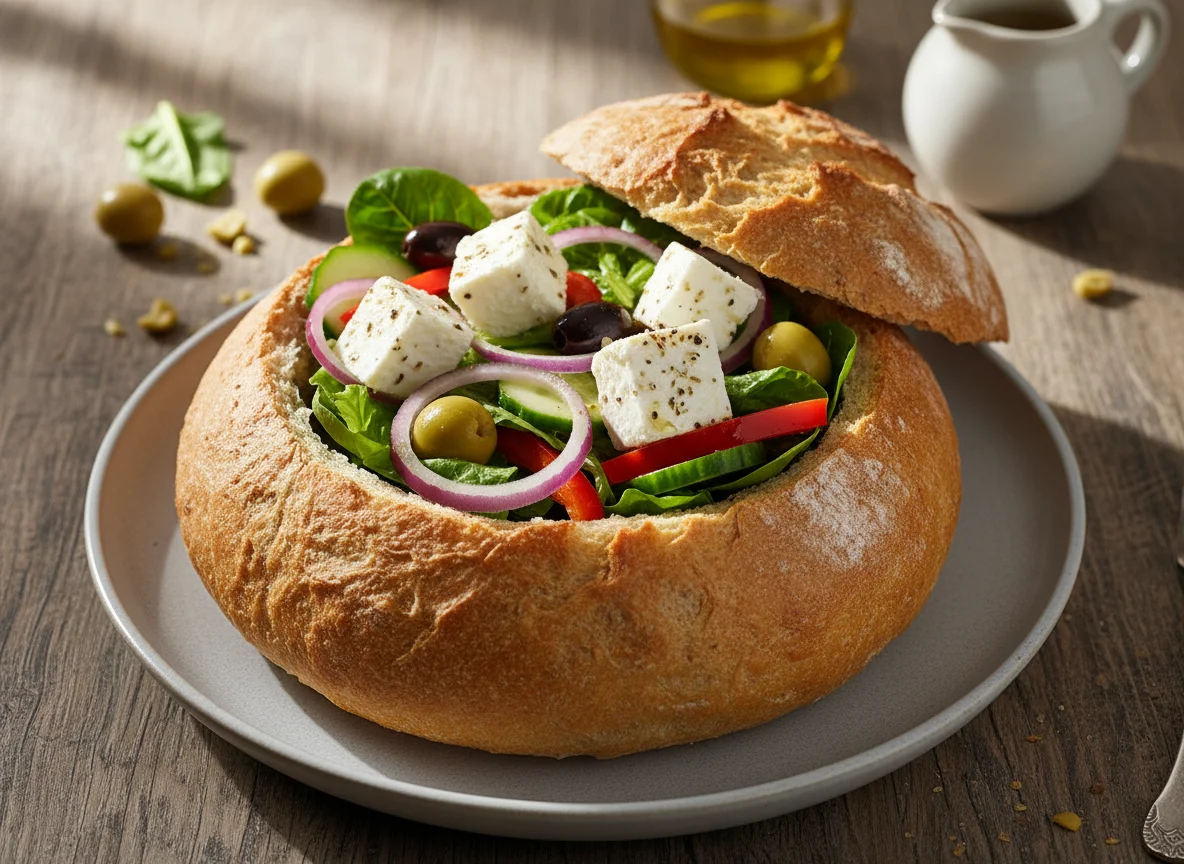 Griechischer Salat in Brotschale photo