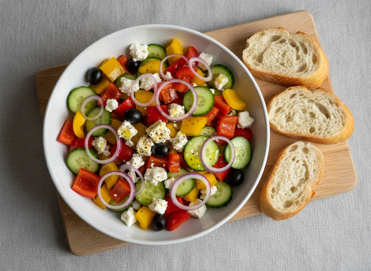 Griechischer Salat mit Baguette photo