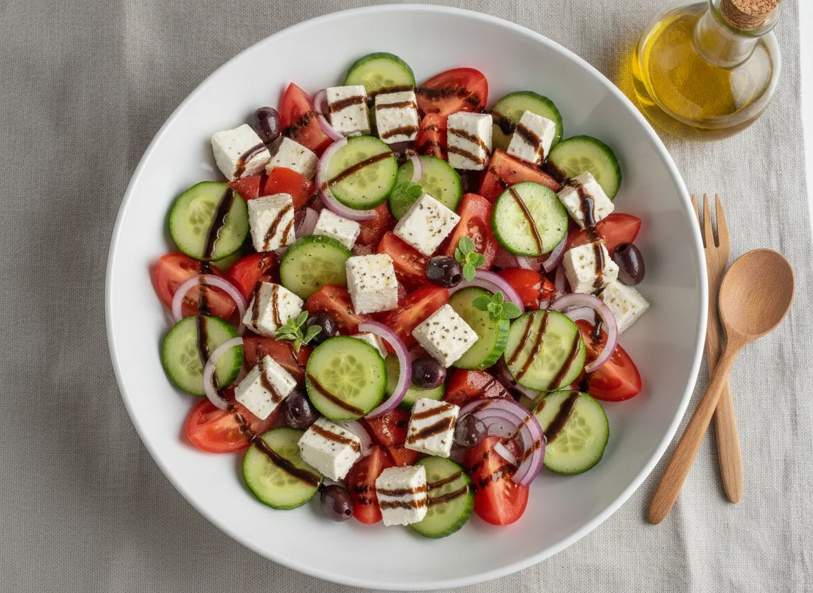 Griechischer Salat mit Balsamico-Glace photo
