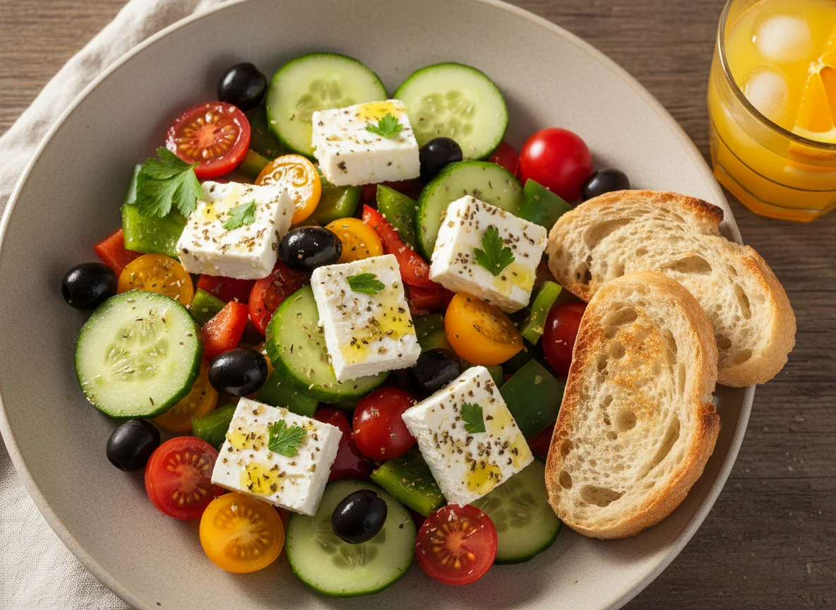Griechischer Salat mit Brot und Orangensaft photo