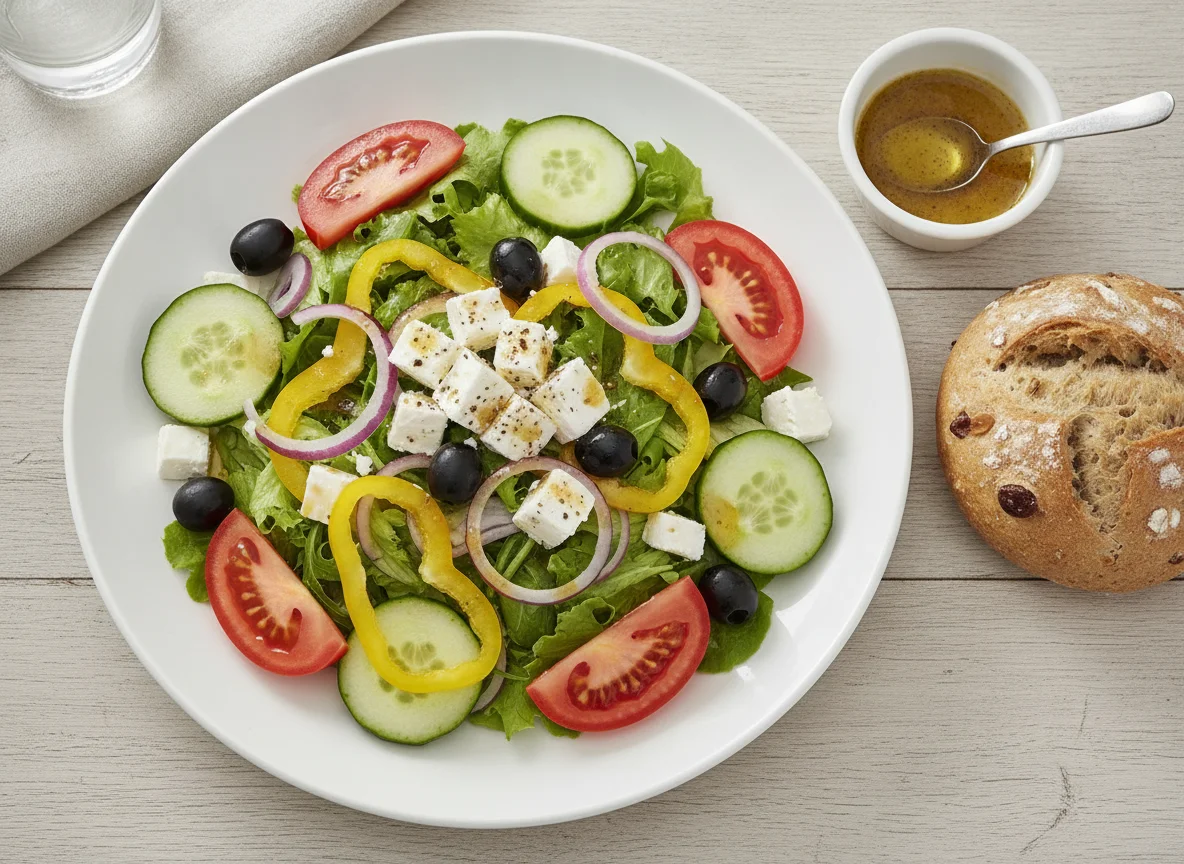 Griechischer Salat mit Brötchen photo