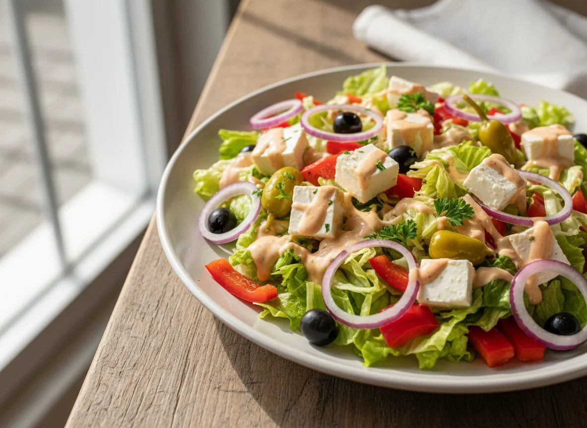 Griechischer Salat mit Dressing photo