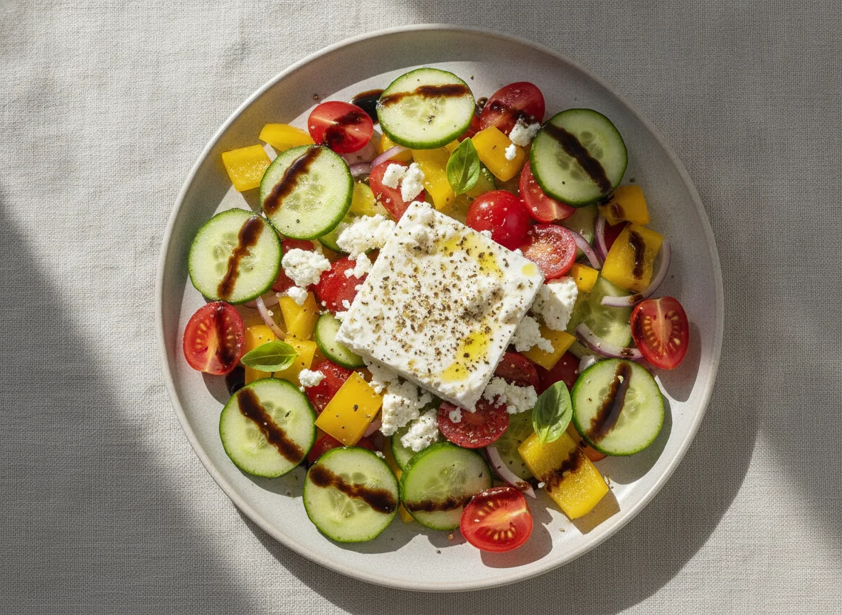 Griechischer Salat mit Feta und Balsamico-Dressing photo
