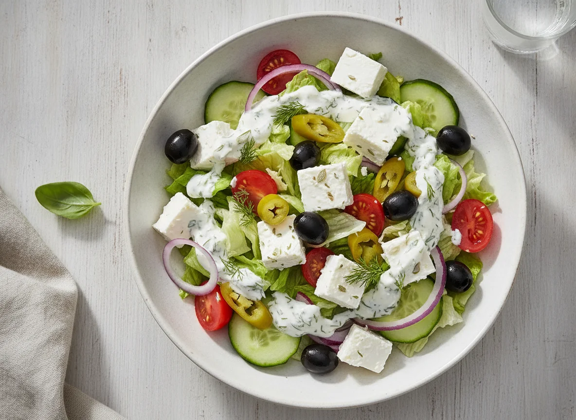 Griechischer Salat mit Feta und Dressing photo