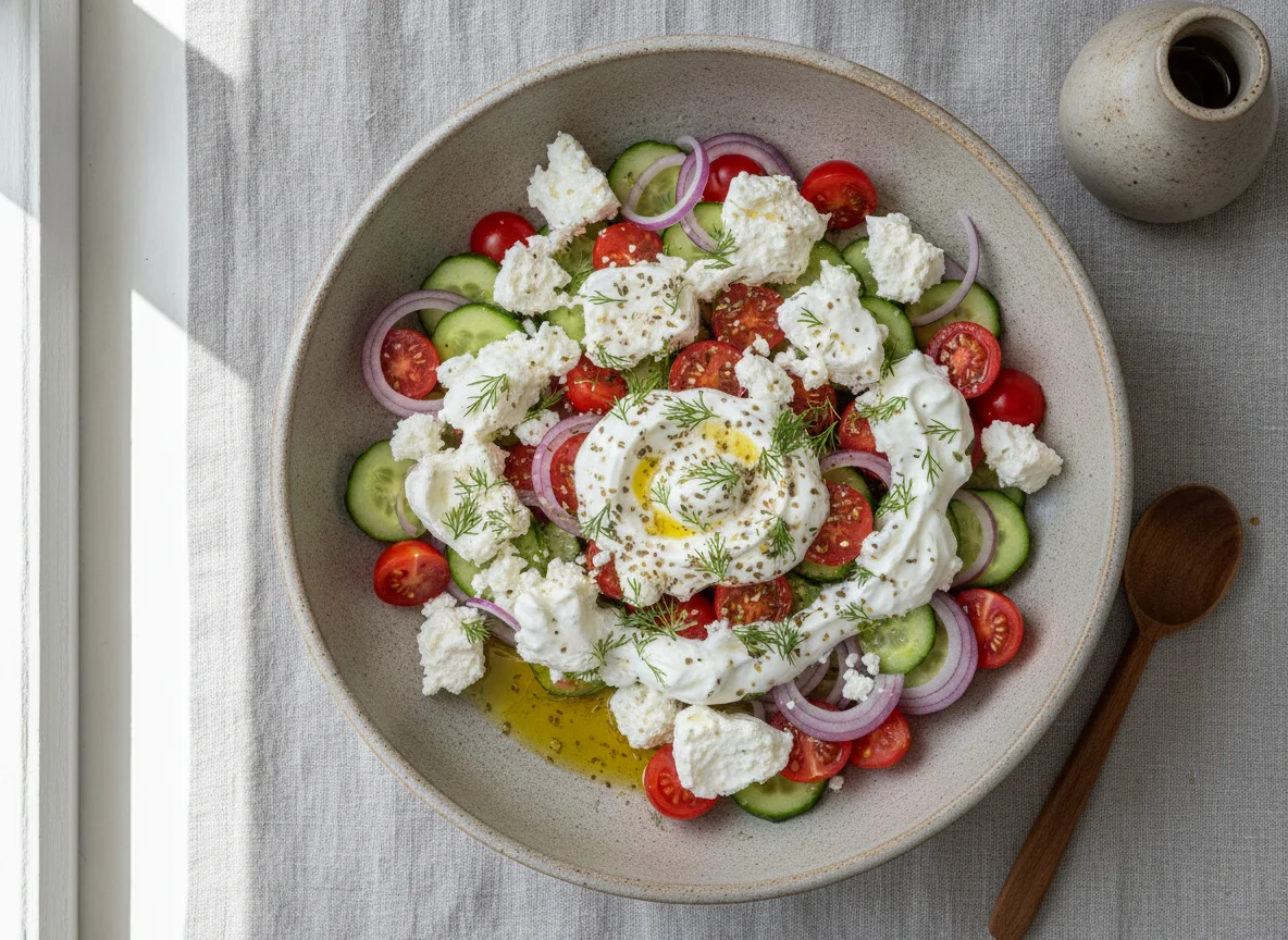 Griechischer Salat mit Feta und Joghurt-Dressing photo
