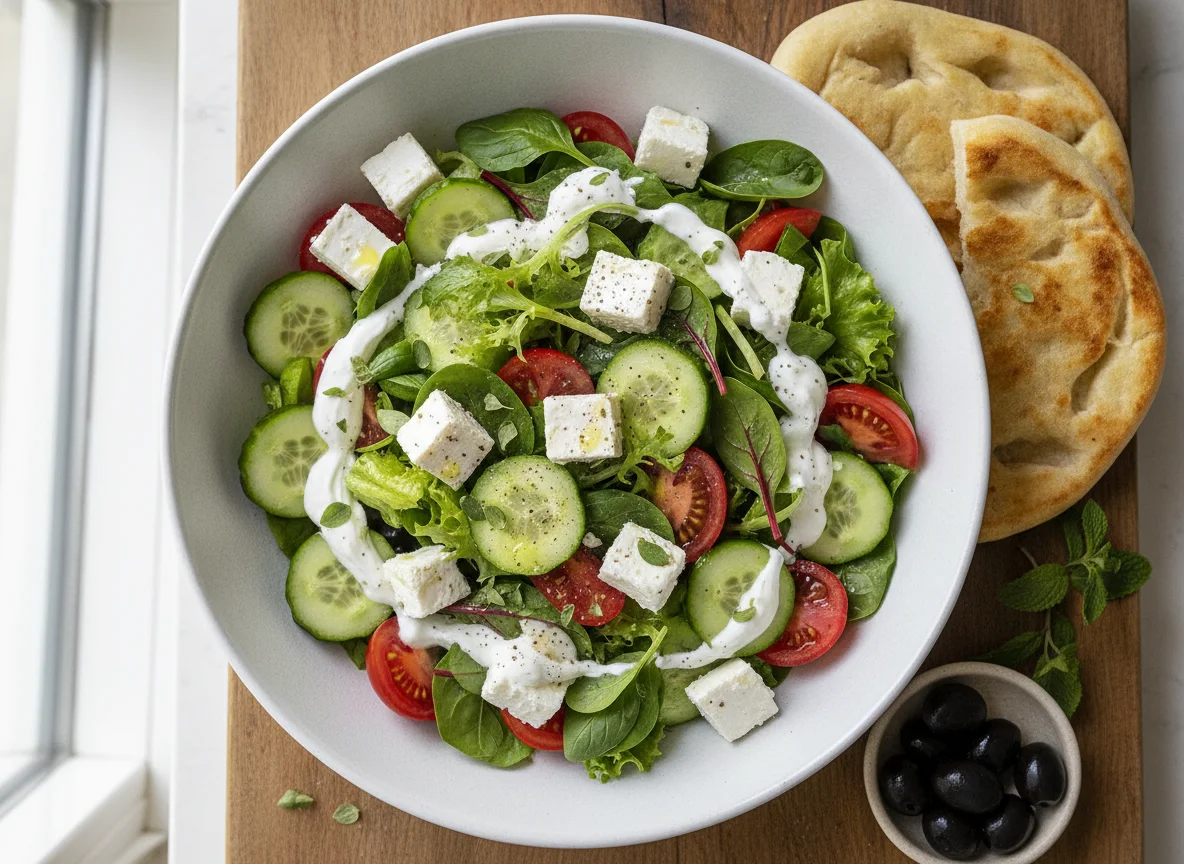 Griechischer Salat mit Fladenbrot photo