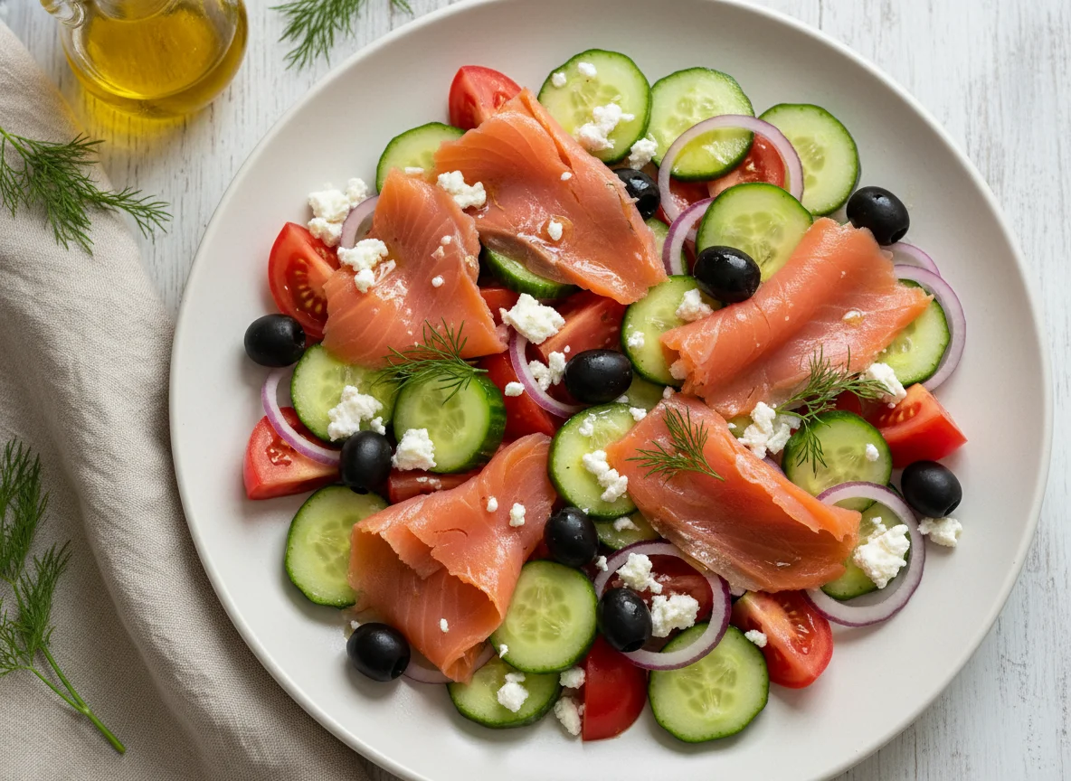 Griechischer Salat mit geräuchertem Lachs photo