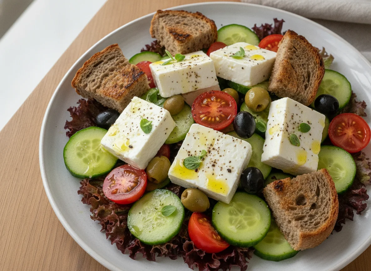 Griechischer Salat mit geröstetem Brot photo