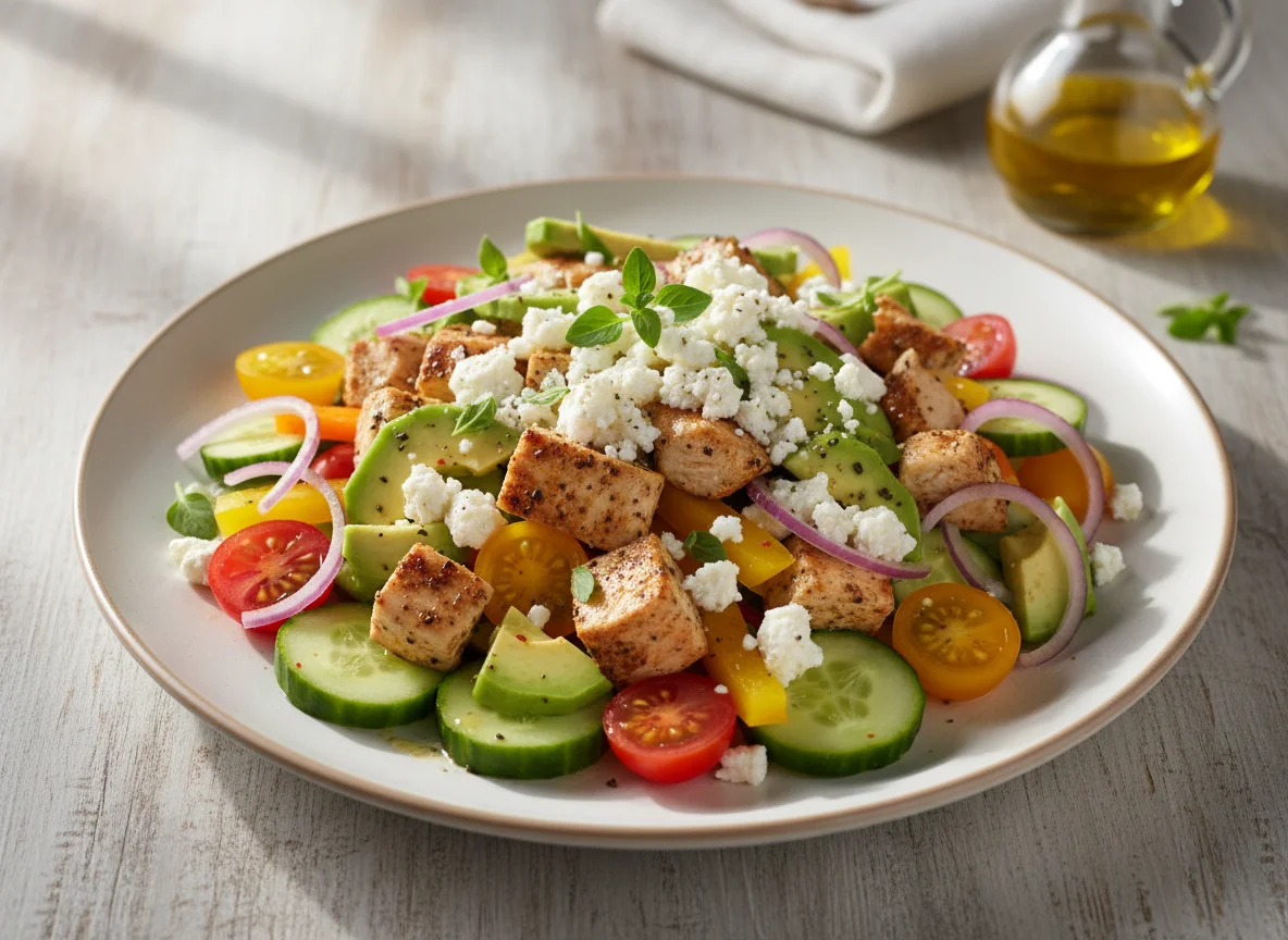 Griechischer Salat mit Hähnchen und Avocado photo